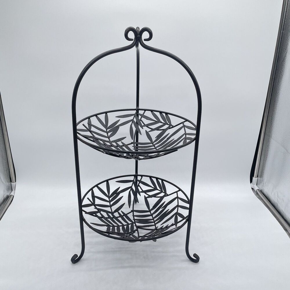 Black Metal 2-Tier Fruit Basket Stand Leaf Design Kitchen Counter 21”